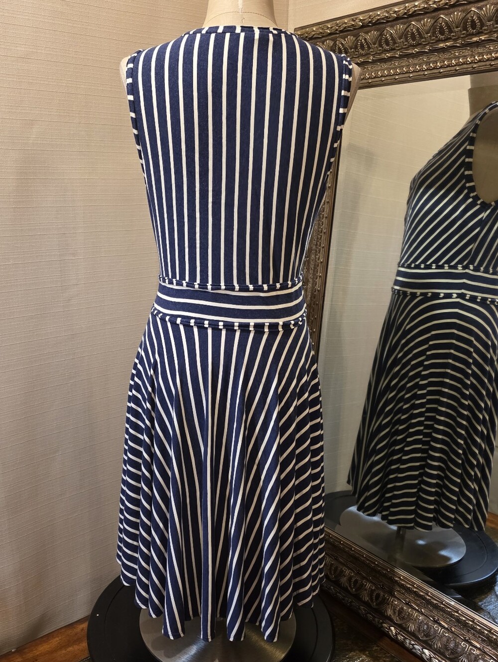 Max Studio Navy & White Striped Sleeveless Wrap Midi Dress. Sz Med. - Picture 2 of 6